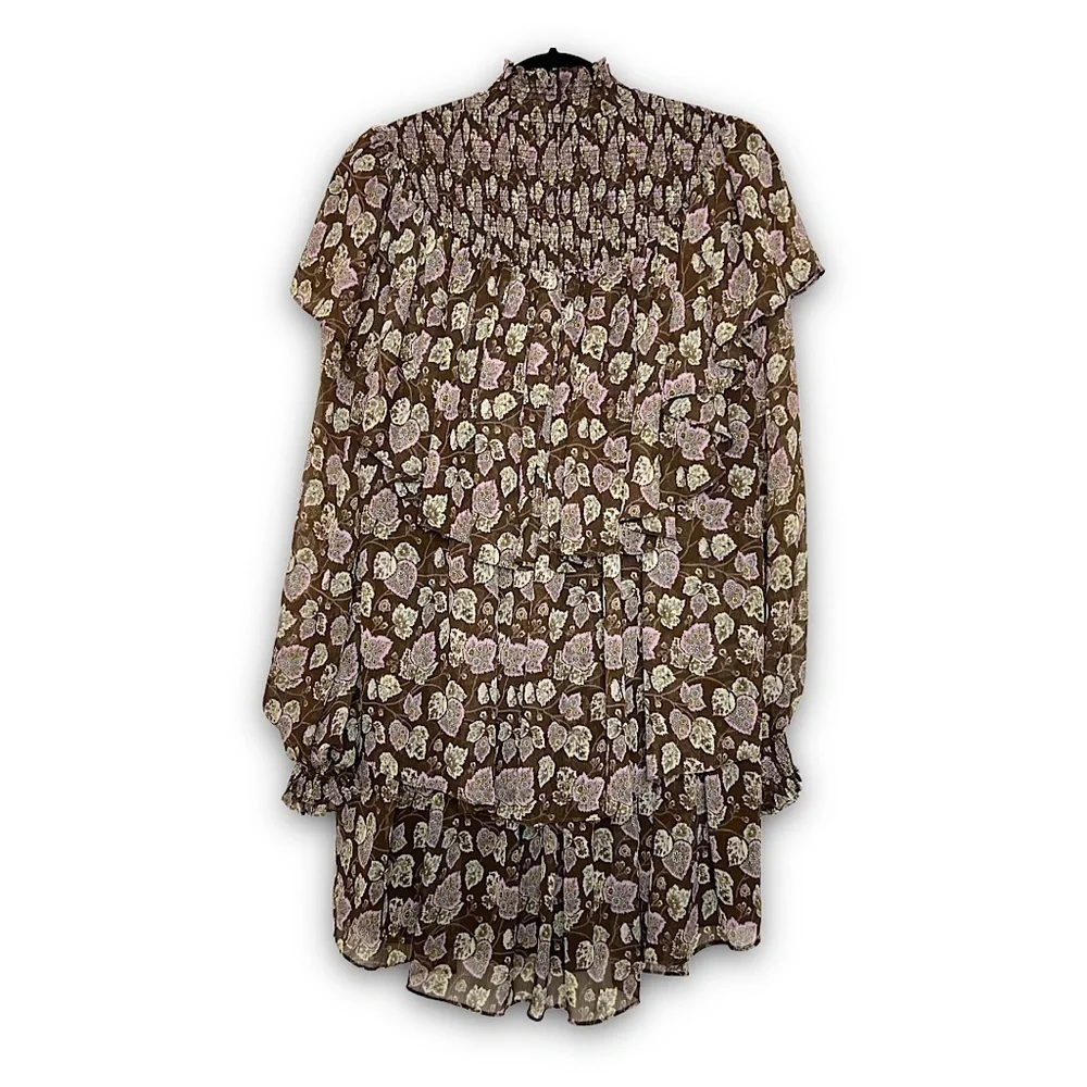 NWT CINQ A SEPT Boho Floral Ruffle Puffed Long Sleeve Smocked High‎ Neck Dress 8